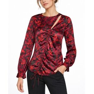 Cinq à Sept Silk Ruched Blouse XS Red Black Floral Long Sleeve Luxury Top Date